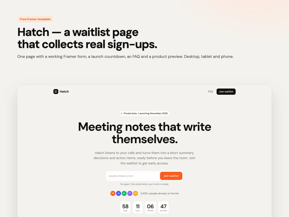 Hatch — Waitlist template for Framer