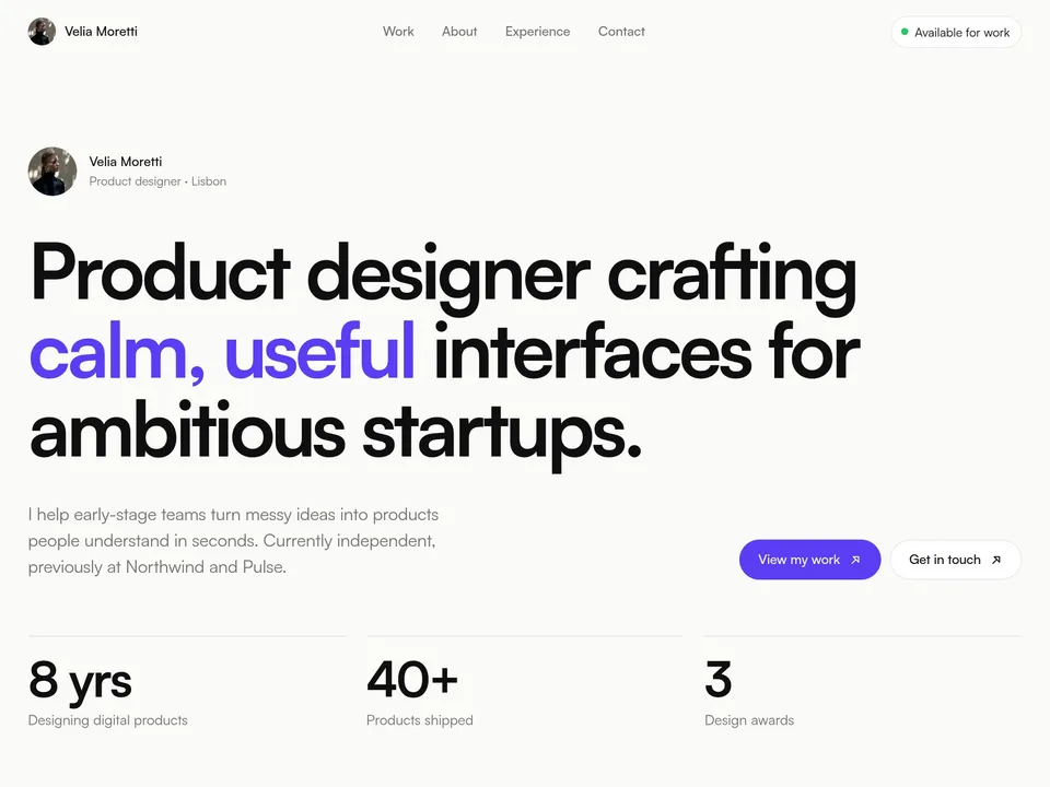 Velia — Designer portfolio template for Framer